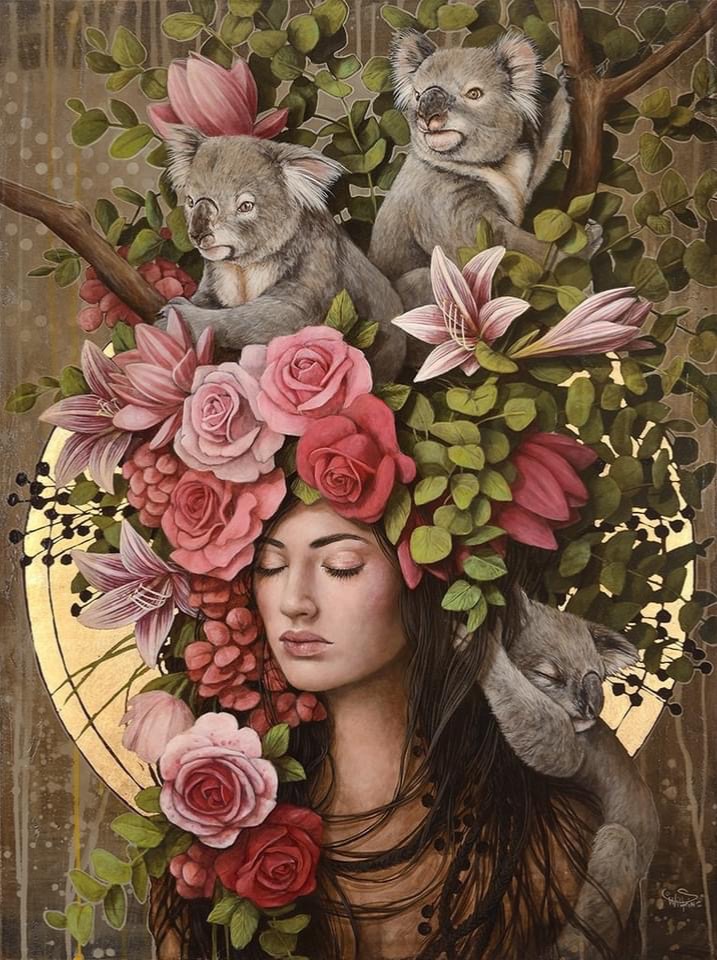 A serene woman with eyes closed is surrounded by a lush arrangement of pink roses, lilies, and three koalas.