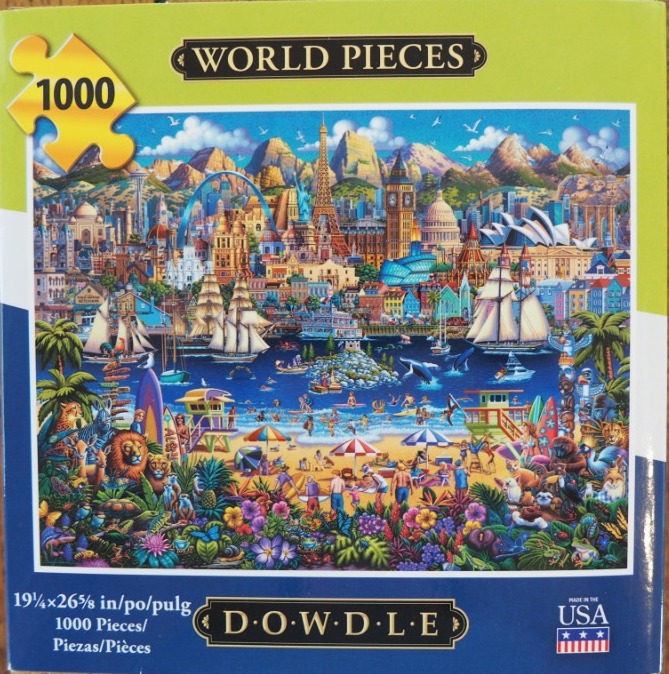 A whimsical illustration of a world map featuring iconic landmarks, animals, and a busy beach scene.
