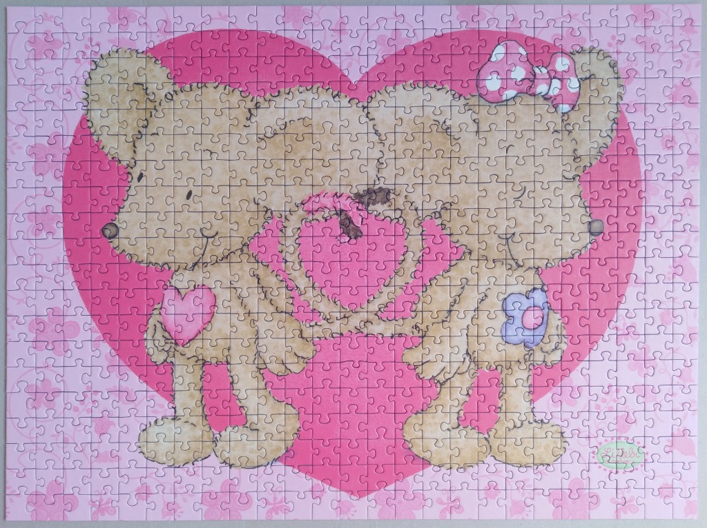 Two cartoon teddy bears holding hands in front of a large pink heart on a floral background.