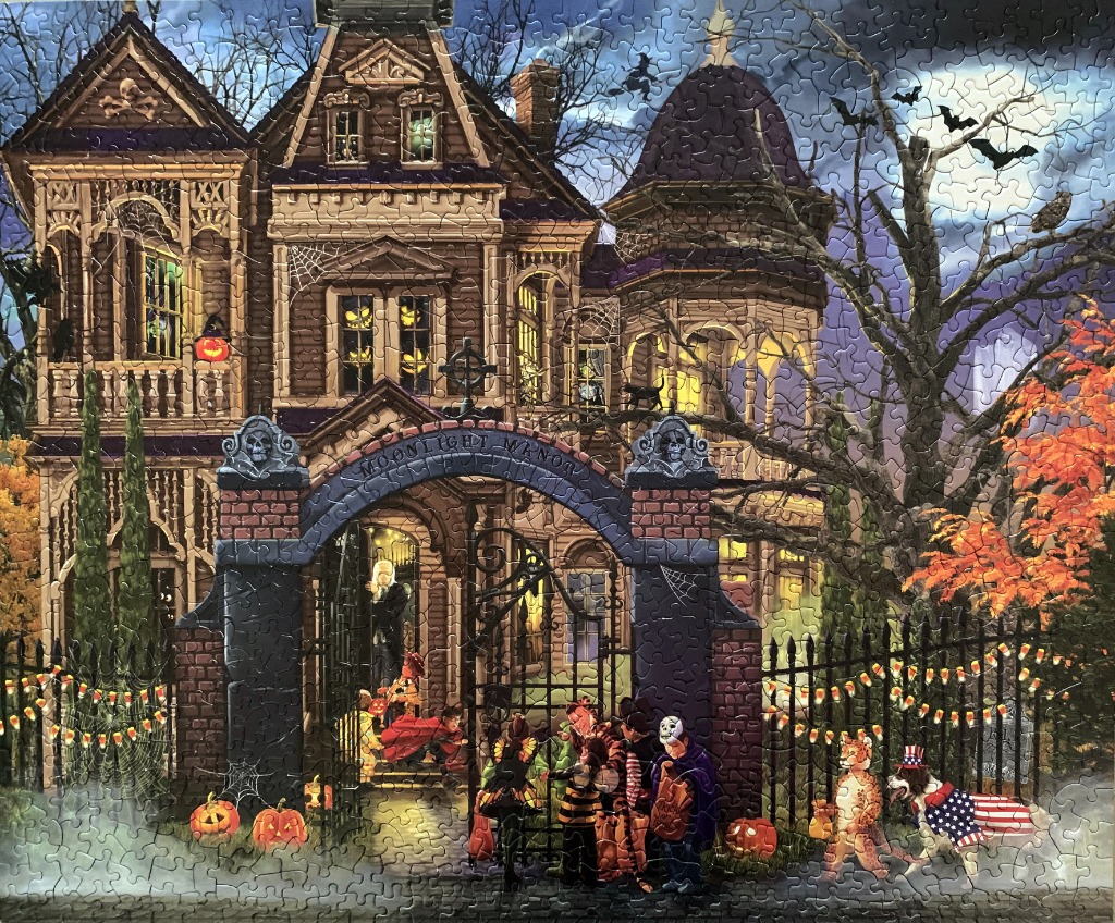 An illustration of a spooky Victorian manor on Halloween night with trick-or-treaters at the gate.