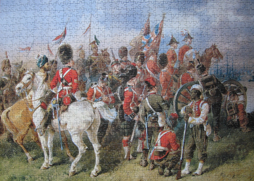 A detailed oil painting depicting a group of 19th-century British soldiers in red uniforms standing in a field.