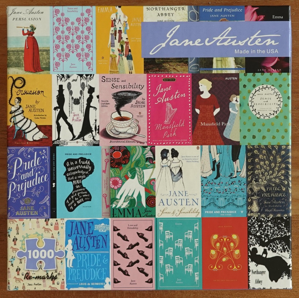 A collage of various vintage and modern Jane Austen book covers arranged in a grid pattern.