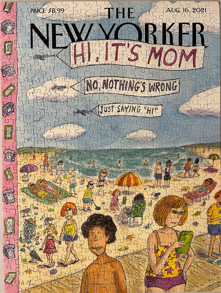 A cartoon illustration of a crowded beach scene on a magazine cover with small airplanes pulling signs overhead.