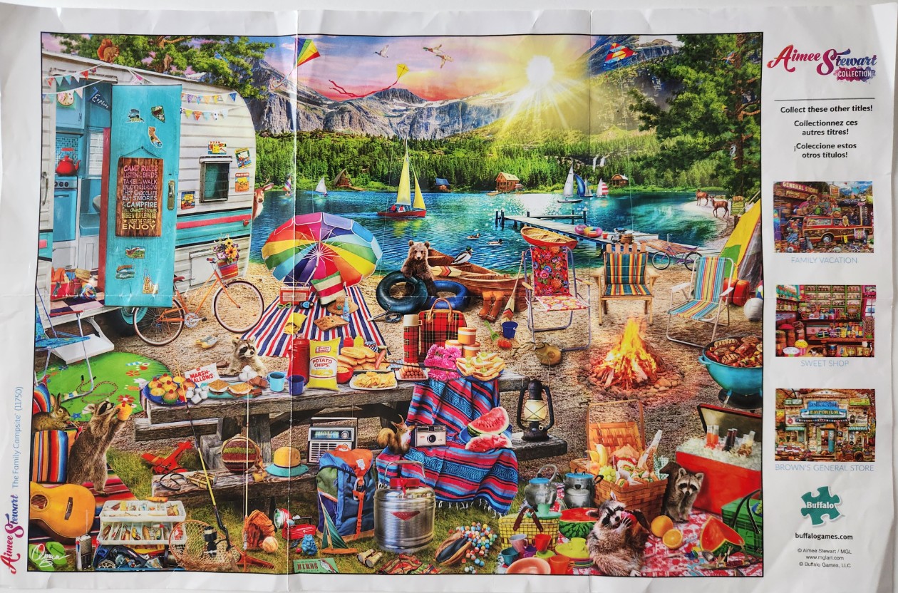 A brightly colored, whimsical lakeside campsite scene featuring a camper, a campfire, and friendly wildlife.