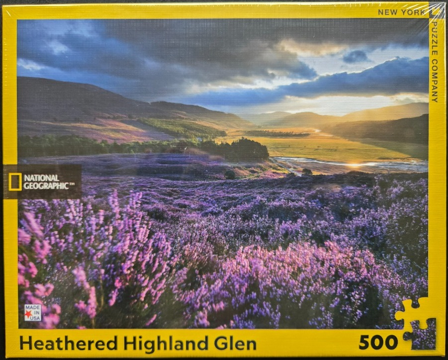 A lush, purple-flowering heather field in a Scottish glen at sunset.