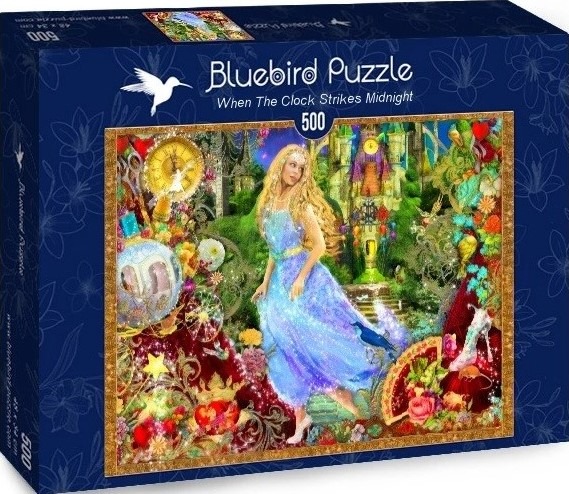 Fantasy illustration of Cinderella in a blue dress with magical clocks, a carriage, and vibrant floral accents.