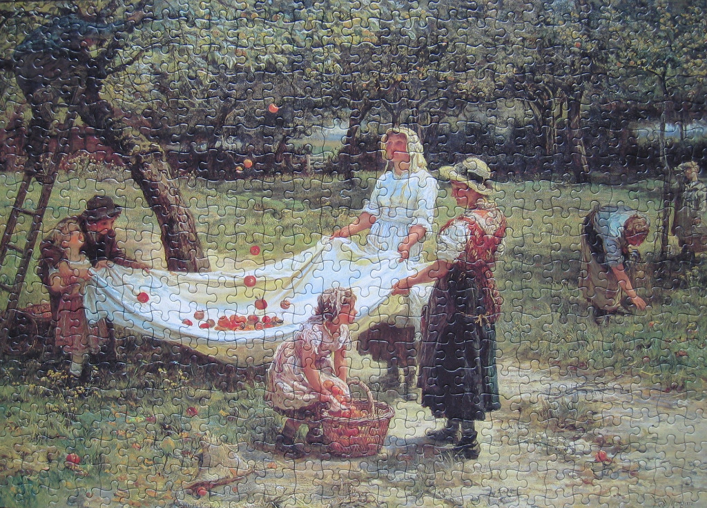 A Victorian-style painting of a family gathering apples in an orchard.