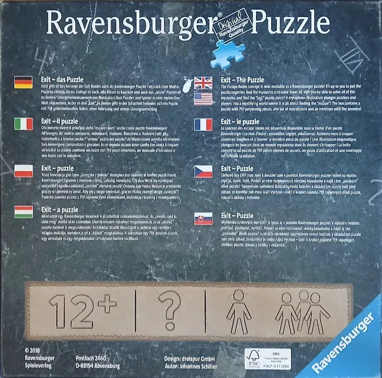 A dark, slate-textured background with text blocks in multiple languages and a tan panel with icons.