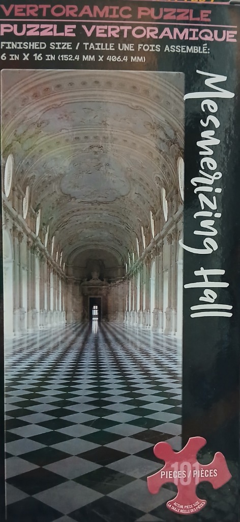 A long, vertical photograph of a grand, classical hallway with a checkered black-and-white floor and arched ceiling.