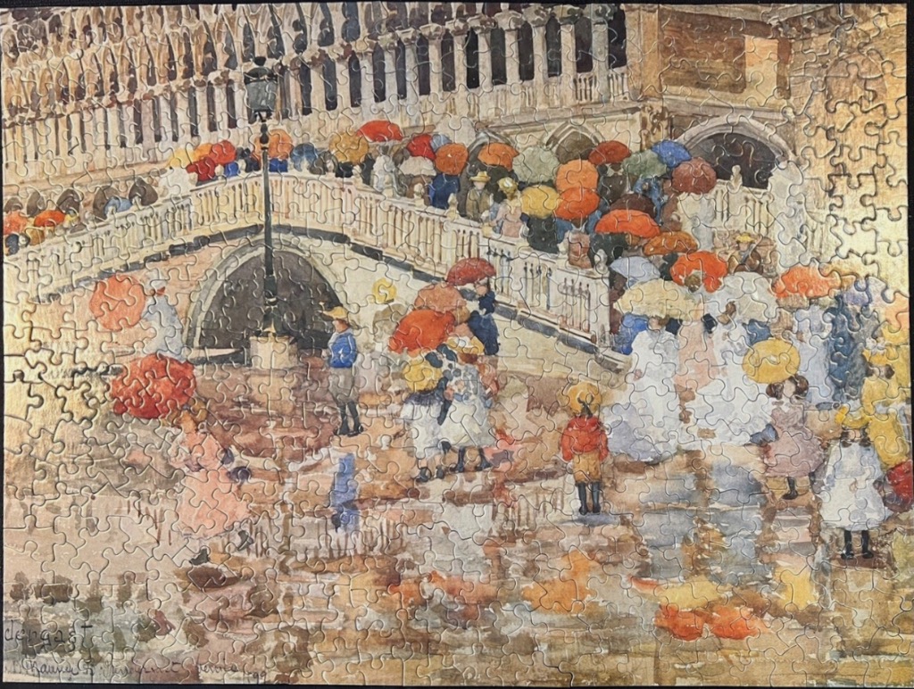 Impressionist-style painting of a crowd crossing a Venetian bridge in the rain with colorful umbrellas.