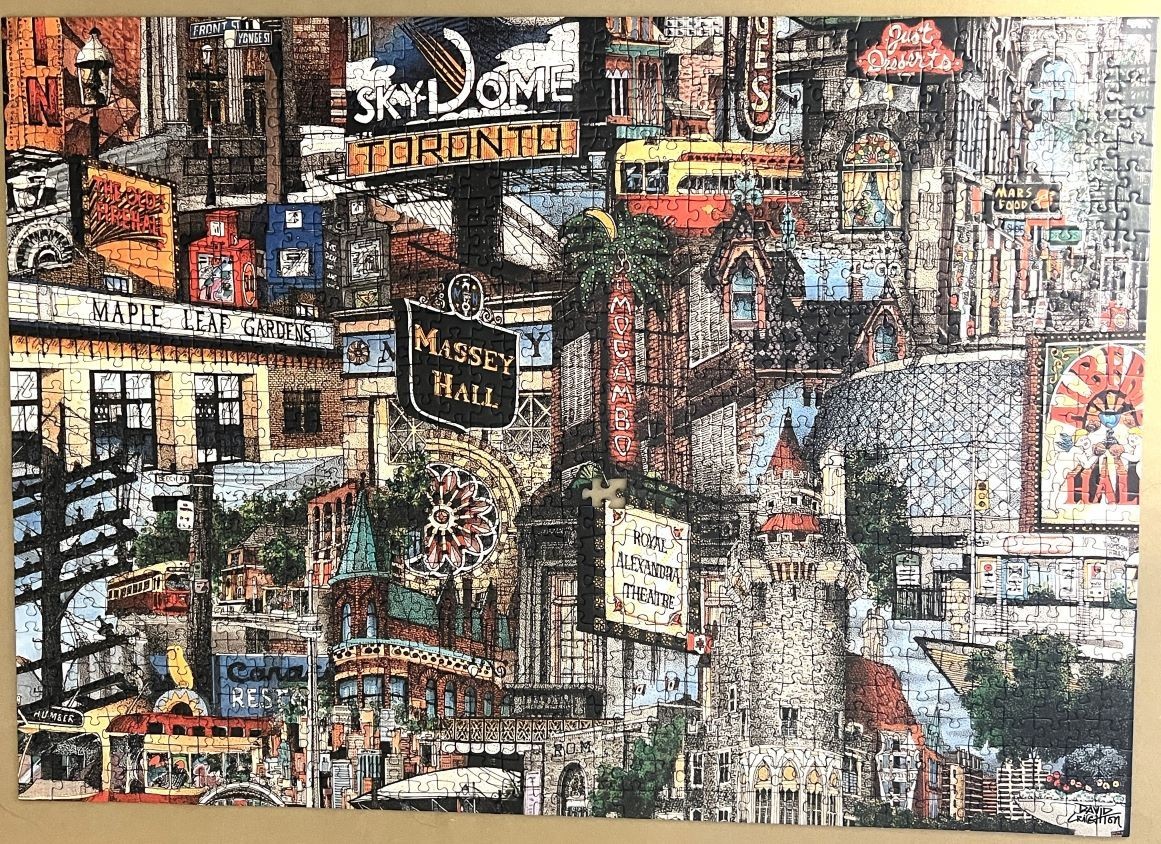 A detailed illustration of historic Toronto landmarks and street scenes in a collage style.