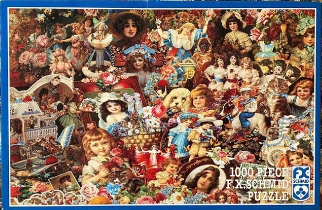 A dense Victorian-style collage featuring numerous children, flowers, fairies, and antique playthings.