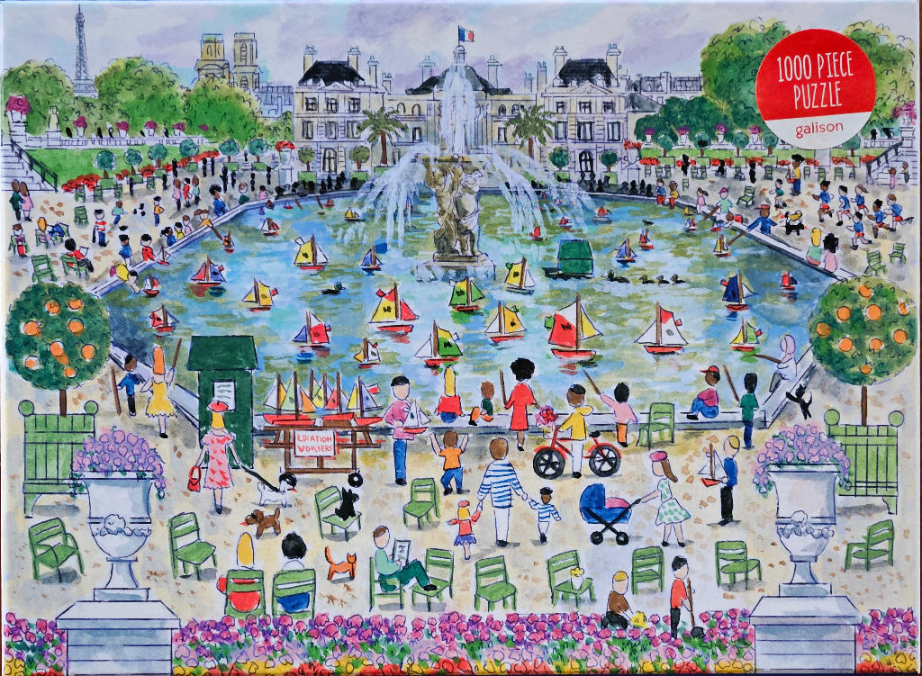 Watercolor illustration of people and toy sailboats at a fountain in the Luxembourg Gardens in Paris.