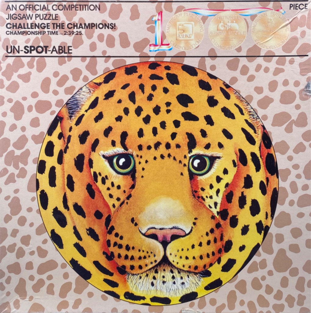 A leopard head portrait centered on a matching leopard print background.