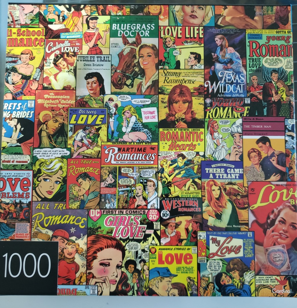 A collage of vintage romance comic book covers featuring various illustrated couples and women.