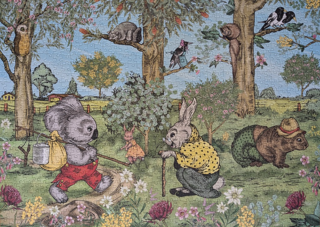 An illustration of an elderly rabbit and a koala meeting in a lush garden filled with Australian animals.