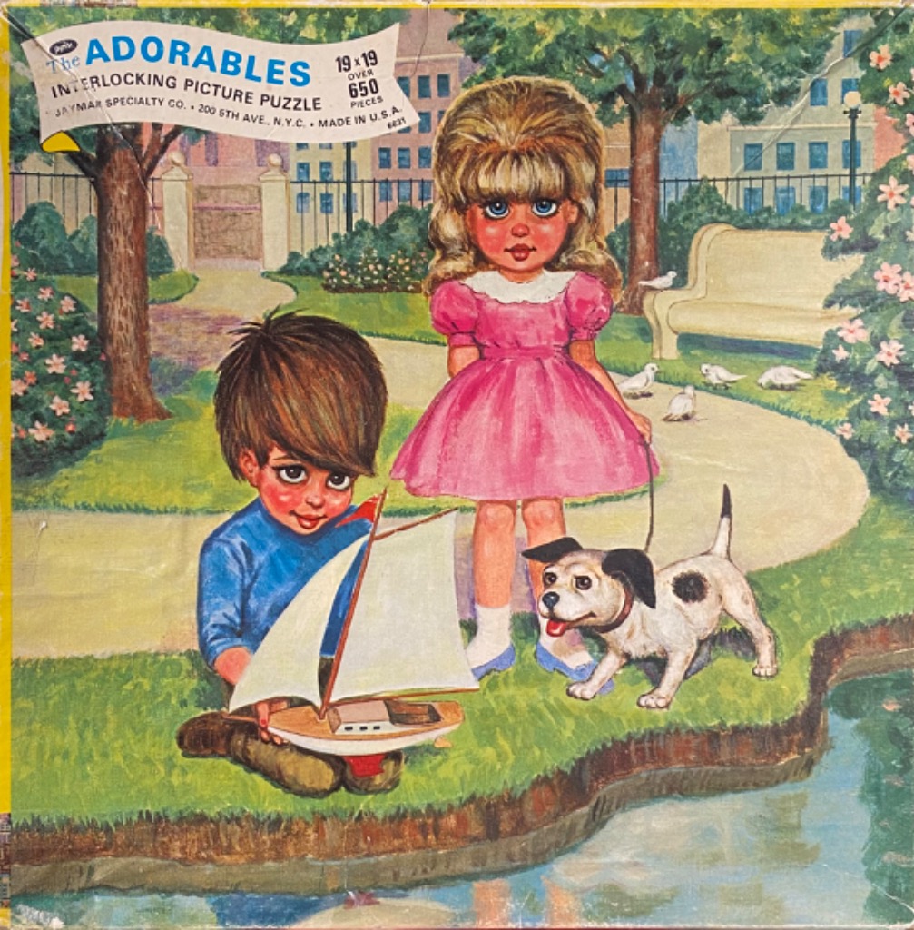 Illustration of a young boy and girl with large eyes playing in a park with their dog and a toy sailboat.