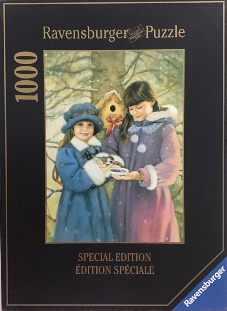 A painting of two young girls in winter coats feeding a small bird in a snowy forest setting.