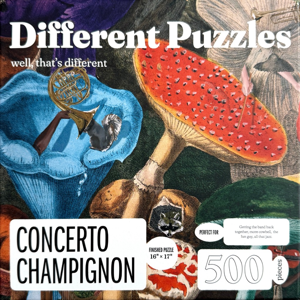 A whimsical collage of mushrooms and musical instruments including a French horn, a raccoon, and a violin.