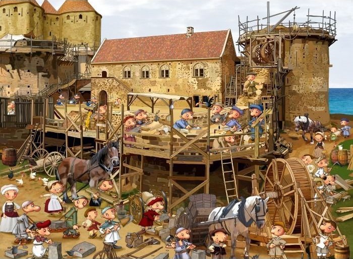 A busy medieval construction site filled with cartoonish workers, stone buildings, and wooden scaffolding.