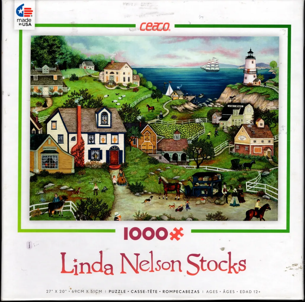 Folk art scene of a coastal village with houses, a lighthouse, and people engaged in daily activities