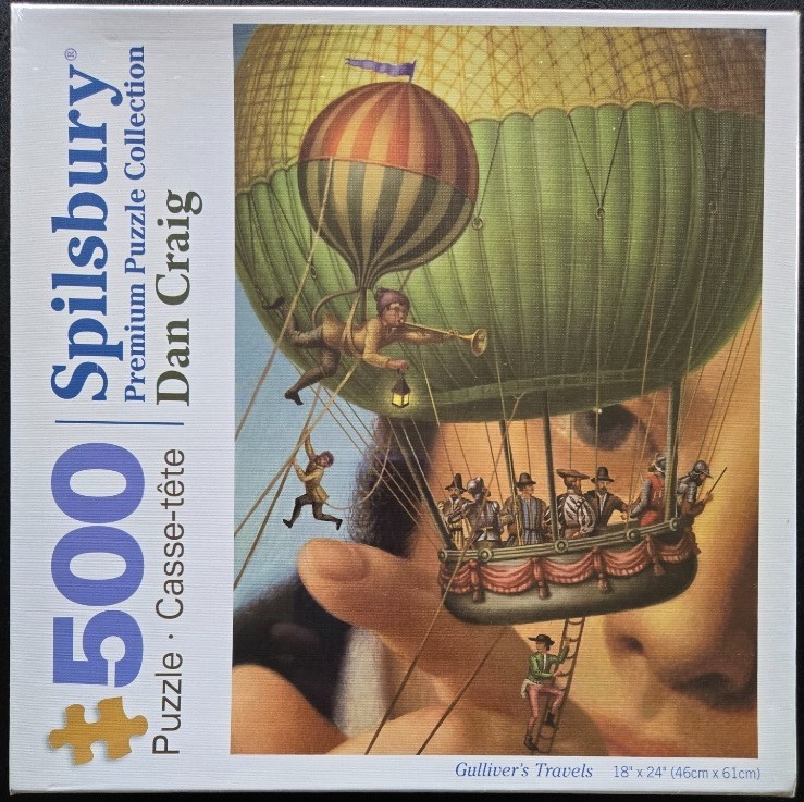 Surreal illustration of a large hot air balloon carrying tiny people flying over a giant sleeping face.
