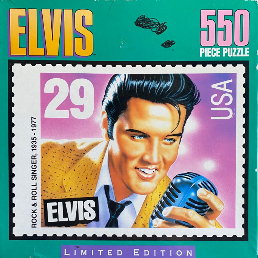 Illustration of Elvis Presley depicted as a postage stamp with a yellow jacket and blue microphone.