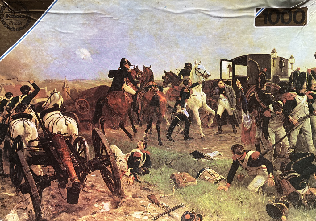 Historical oil painting of Napoleon Bonaparte in a battlefield scene with cavalry and cannons.