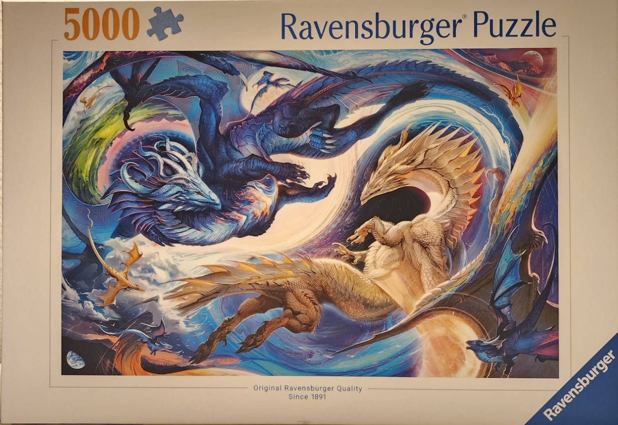 Fantasy illustration of two large, intertwining dragons in deep blues and warm golds against a cosmic backdrop.