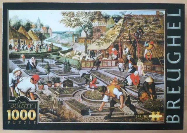 A Renaissance oil painting depicting people working in a garden and village during spring