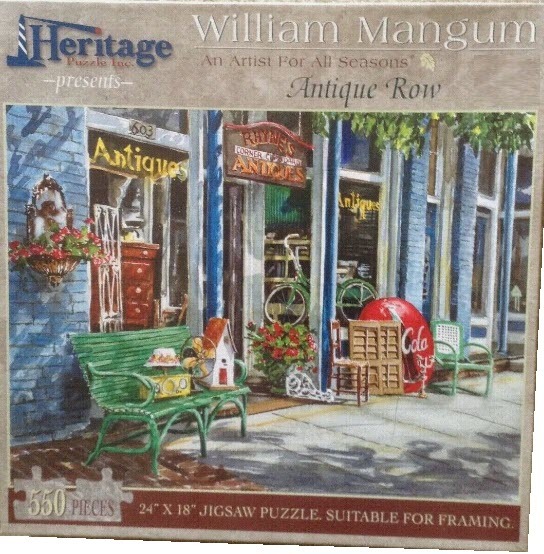 A watercolor painting of a quaint antique shop front with a green bench and bicycle on the sidewalk.