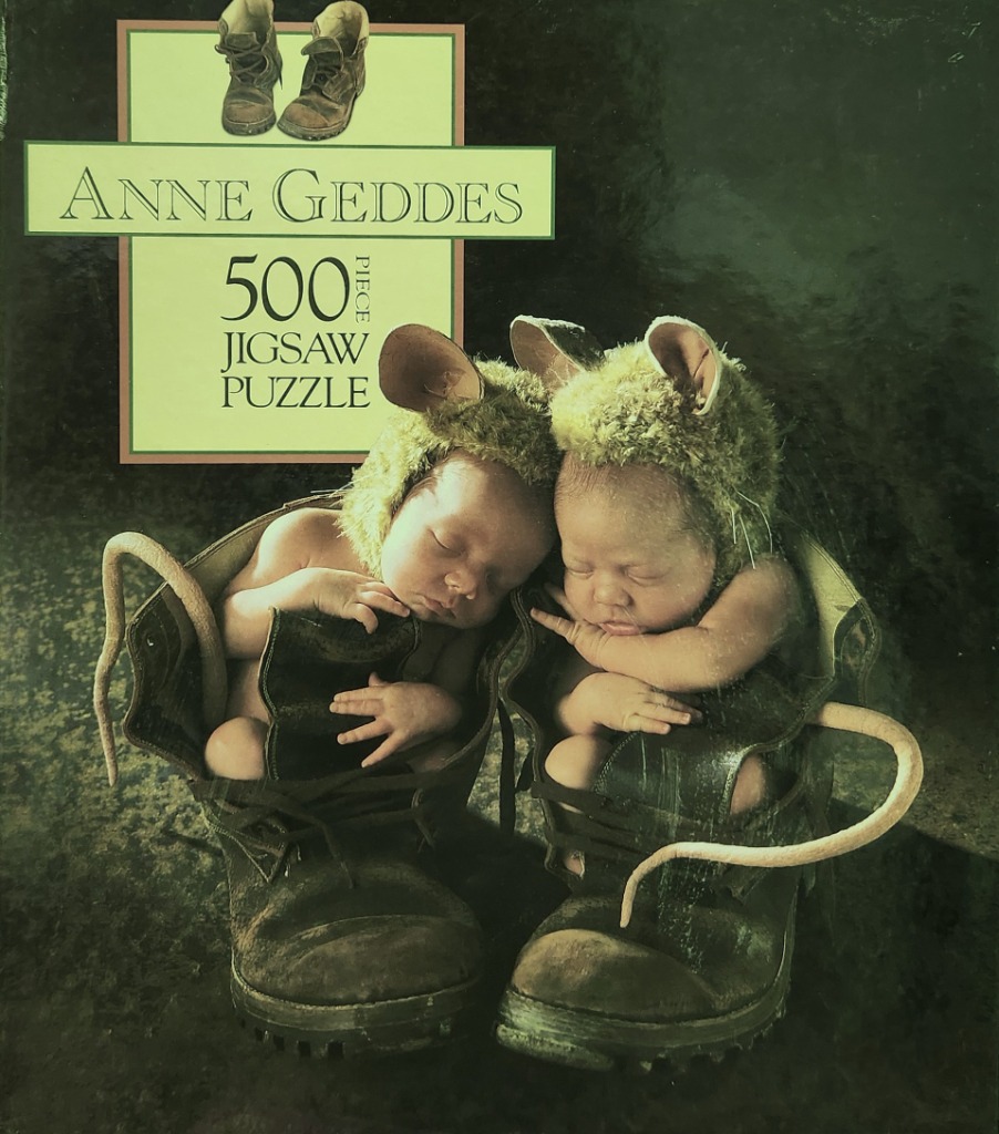Two sleeping babies dressed as mice, nestled inside two old, worn leather boots.