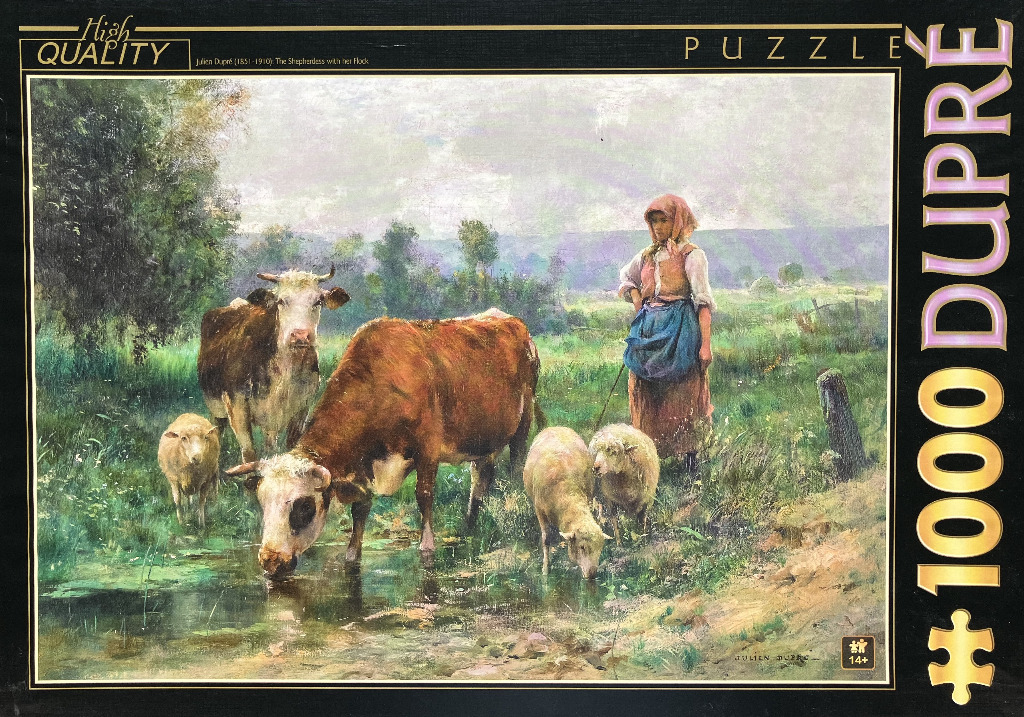 A rural landscape painting of a shepherdess and her flock of cows and sheep by a stream.