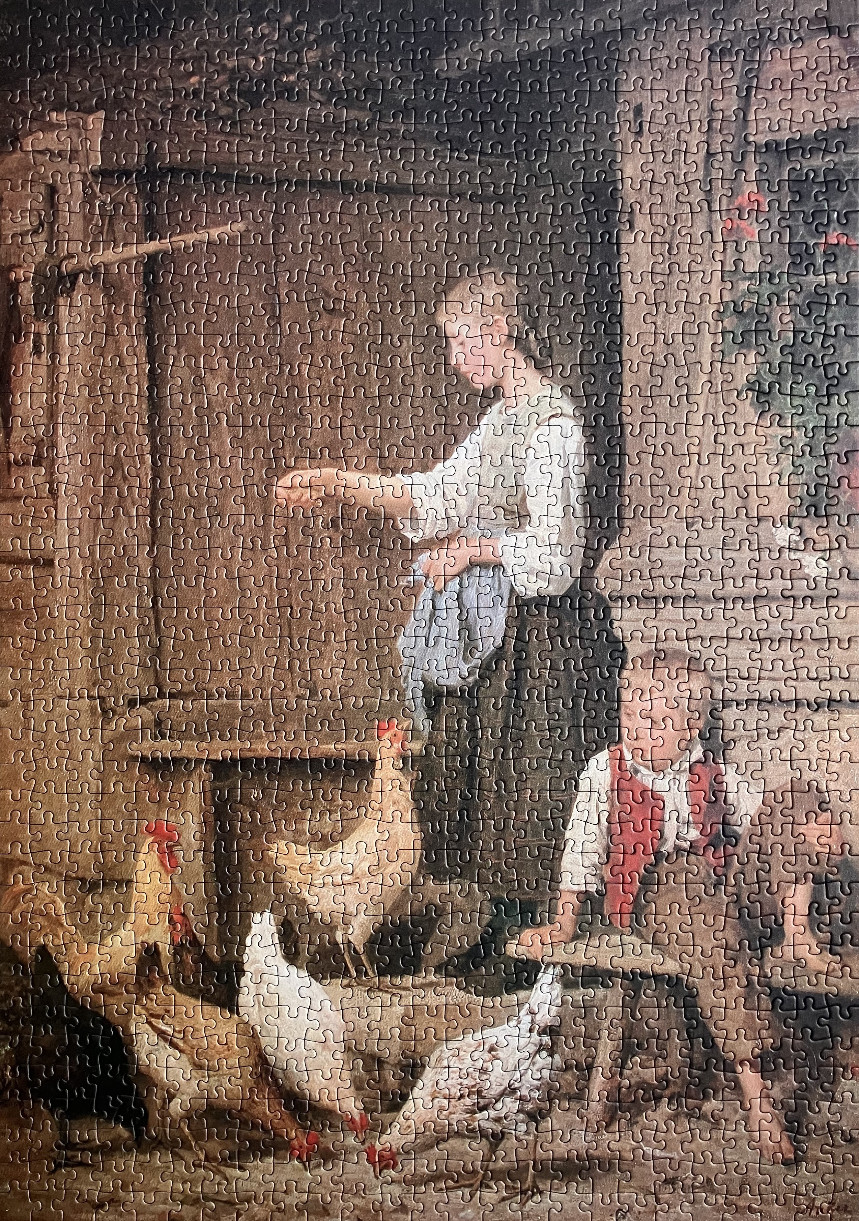 An oil painting of a girl feeding chickens in a rustic barn with a young boy sitting nearby.