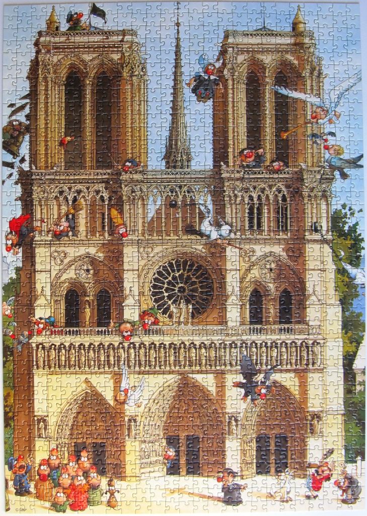 Cartoon illustration of Notre-Dame de Paris swarming with whimsical red-nosed characters.