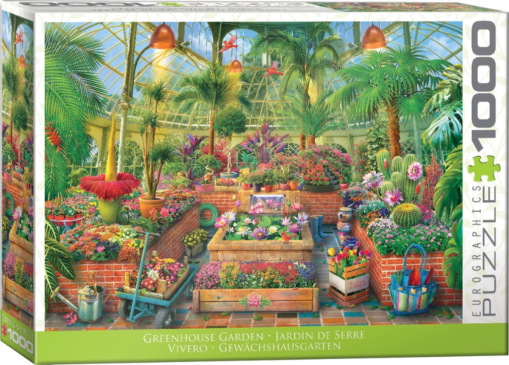 An illustration of a lush indoor greenhouse garden filled with tropical plants, flowers, and gardening tools.