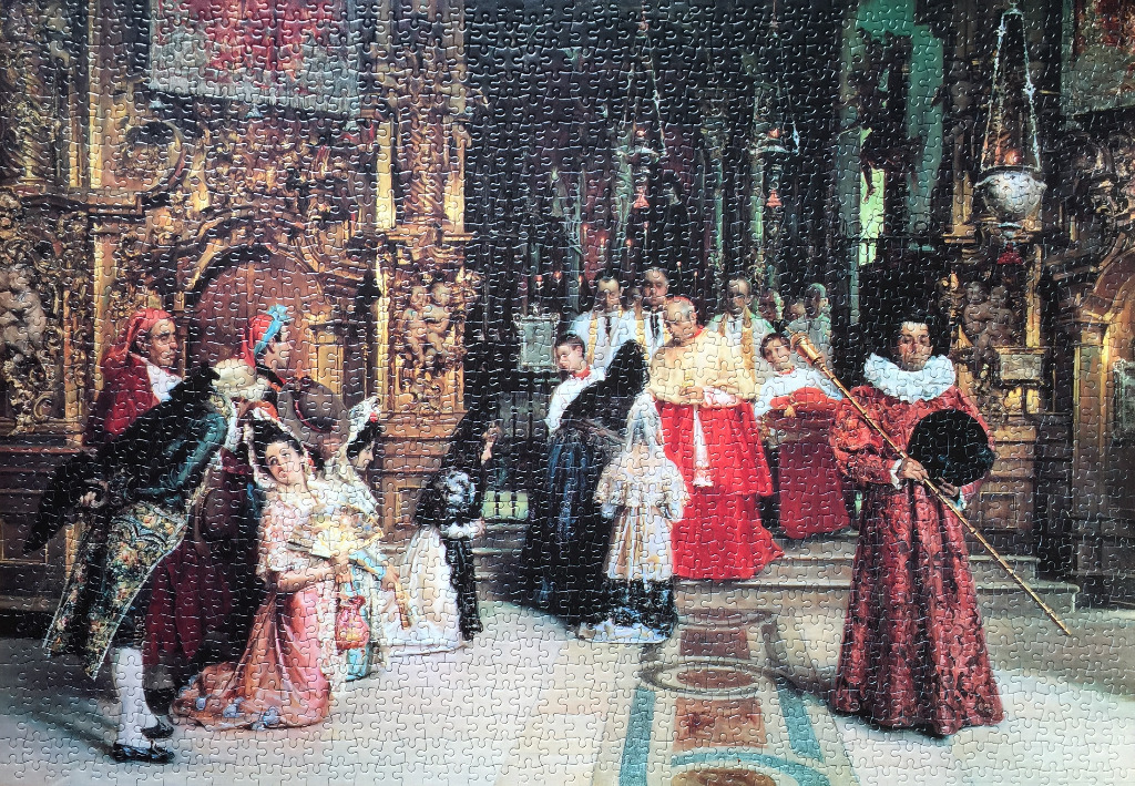An oil painting depicting a procession of clergy and nobility inside a grand, dark, ornately decorated church.