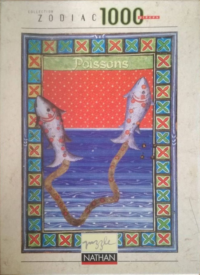 A stylized illustration of the Pisces zodiac sign featuring two fish connected by a long tail against a red and blue backgrou