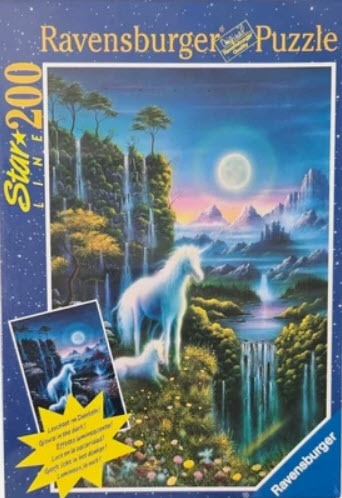 Fantasy illustration of a white unicorn and foal standing near a waterfall under a full moon in a lush landscape.