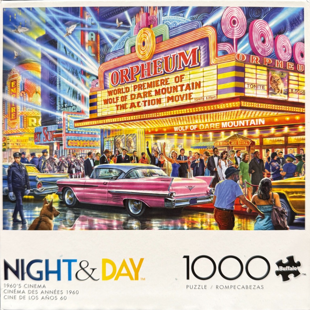 A vibrant painting of a 1960s Hollywood movie premiere at the Orpheum theater with a pink Cadillac in the foreground.