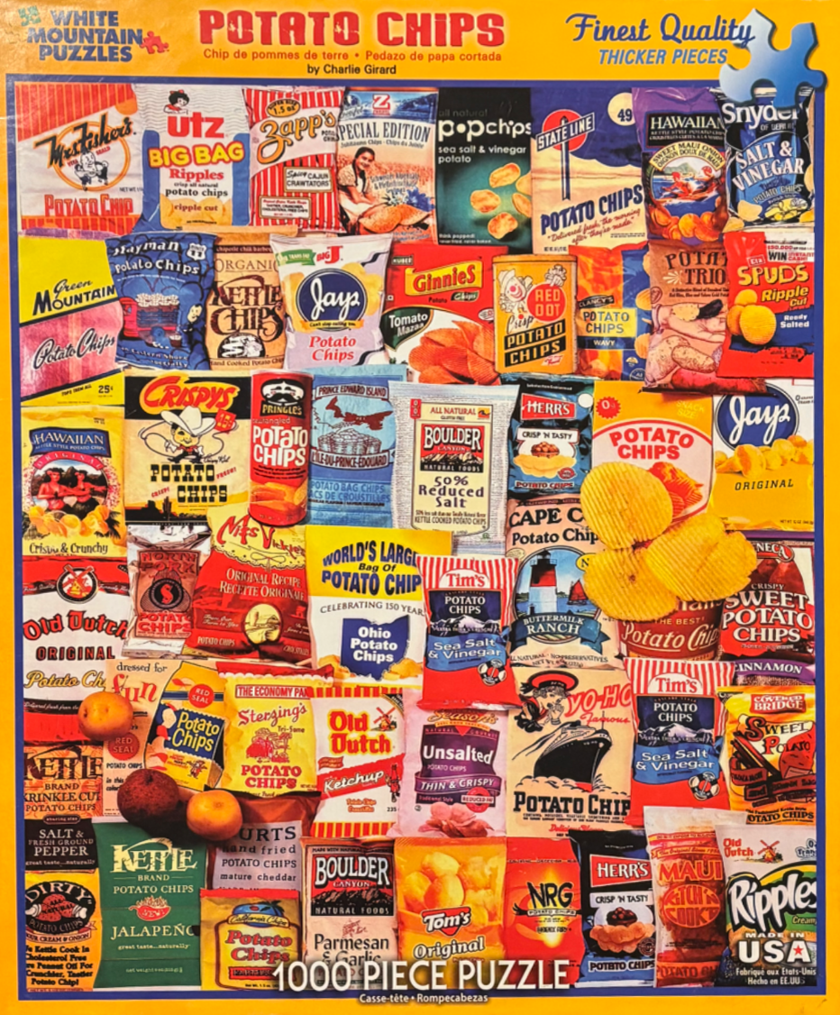 A collage of various colorful vintage and modern potato chip bags arranged in a dense grid.
