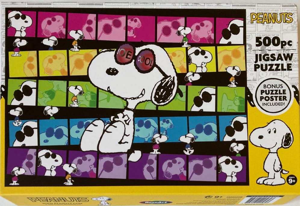Snoopy as Joe Cool in front of a grid of colorful panels featuring the character wearing sunglasses.