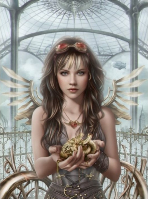 A steampunk woman with mechanical wings and goggles holding a clockwork heart.