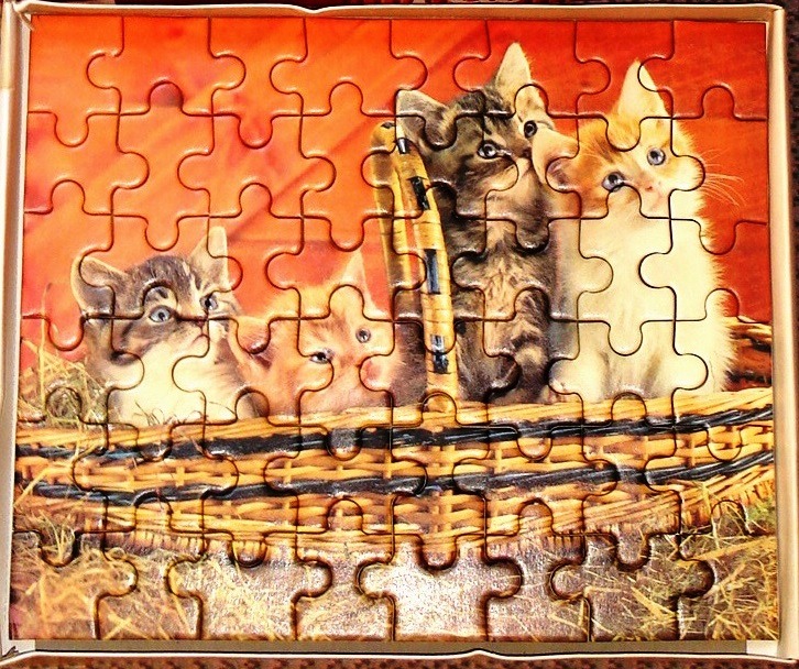 Four kittens peeking out from a woven basket against an orange background.