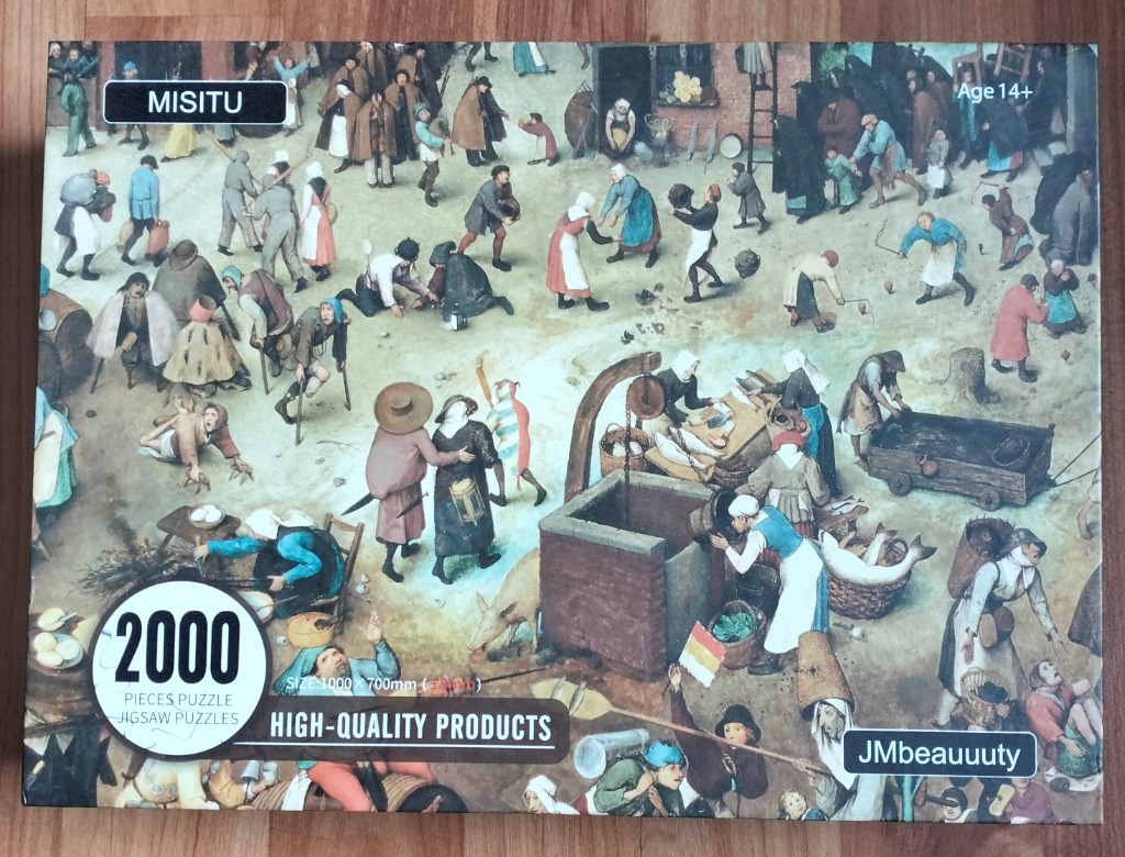 A crowded medieval village scene with many figures engaged in various daily chores and activities in a muted palette.