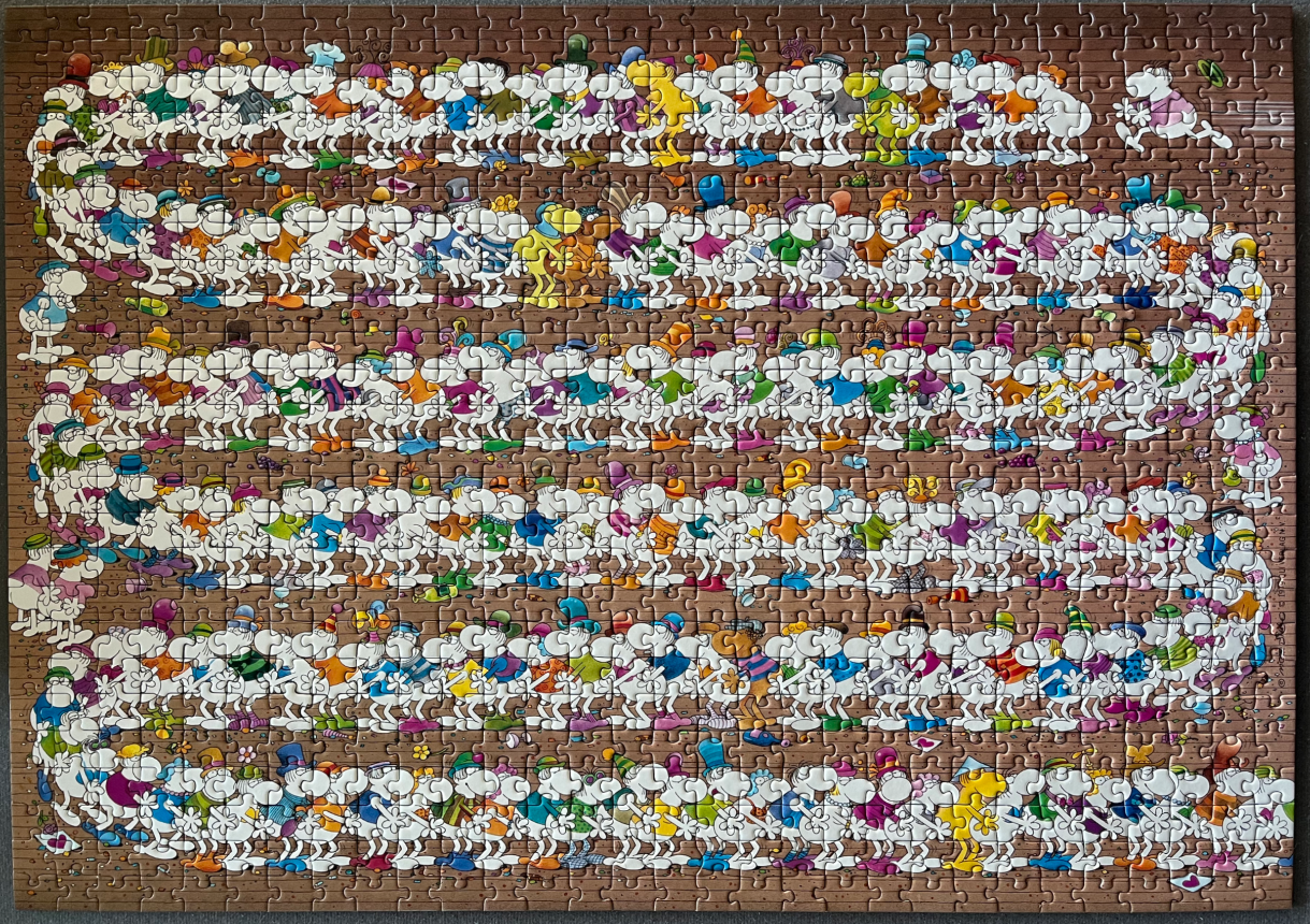 A whimsical illustration of a long, snake-like line of white, cartoonish characters marching across a brown background.