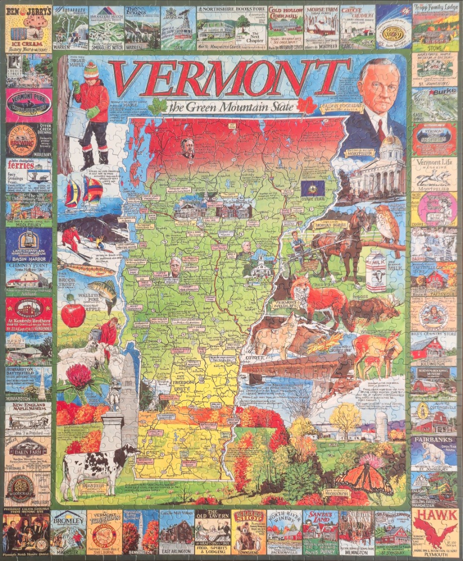An illustrated map of Vermont surrounded by a border of smaller scenic vignettes depicting local landmarks.
