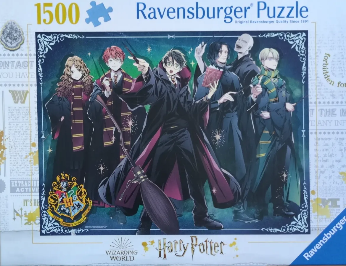 Anime-style illustration of six Harry Potter characters posing against a dark, magical background.