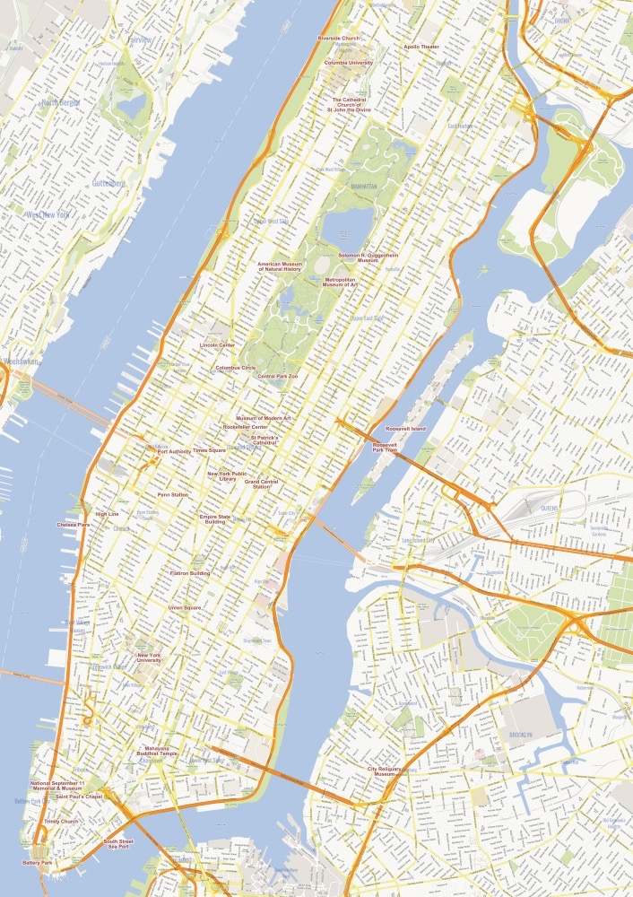 A top-down stylized map of Manhattan and surrounding boroughs showing city streets and landmarks.