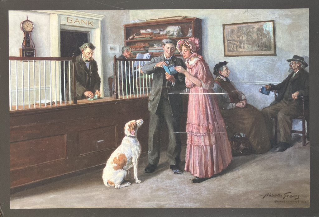 An oil painting of people in an early 20th-century bank with a spotted dog in the foreground.